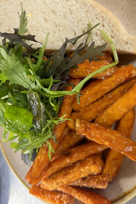 Sandwich with sweet potato fries